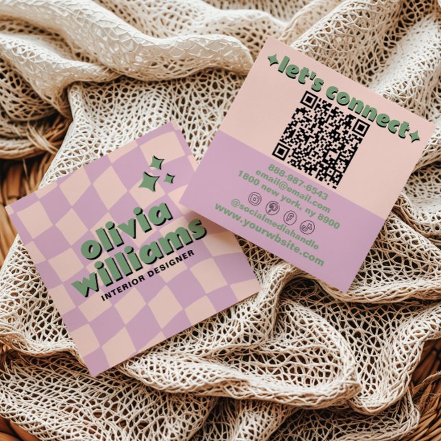 Retro Pink Green QR Code Groovy Checkered Girly Square Business Card (Creator Uploaded)