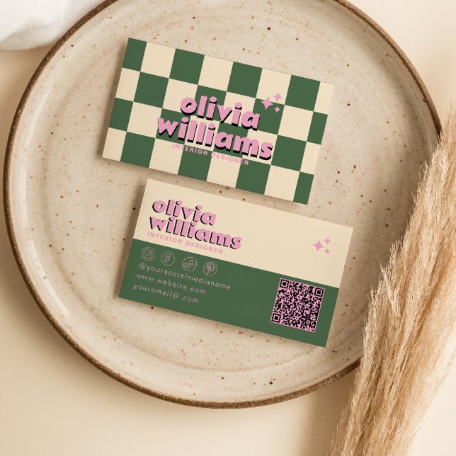 Retro Pink Green QR Code Groovy Chequered Funky  Business Card (Creator Uploaded)