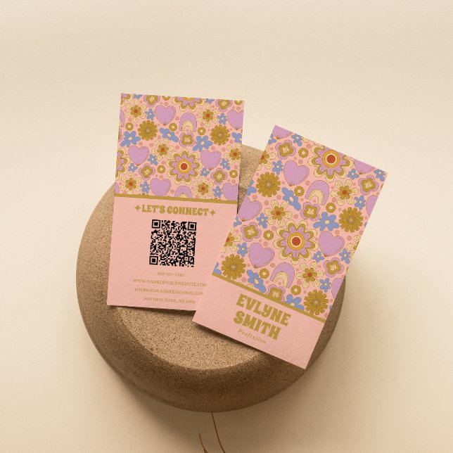 Retro Pink Green QR Code Groovy Floral Girly  Business Card (Creator Uploaded)
