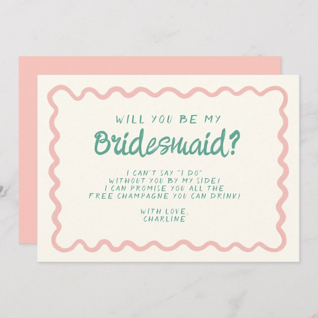 Retro Pink & Green Wavy  Bridesmaid Proposal  Invitation (Creator Uploaded)