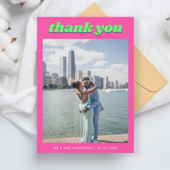 Retro Pink & Green Wedding Thank You Card (Creator Uploaded)