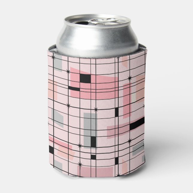 Retro Pink Grid and Starbursts Can Cooler (Can Front)