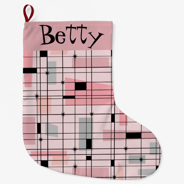 Retro Pink Grid and Starbursts Christmas Stocking (Front)