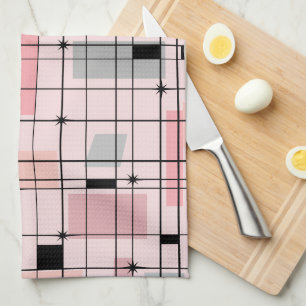 Retro Pink Grid and Starbursts Kitchen Towel