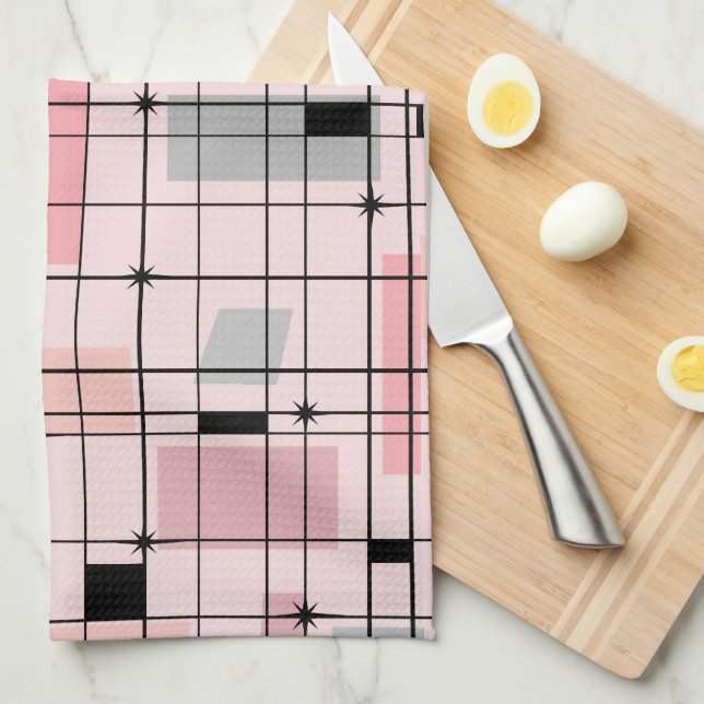 Retro Pink Grid and Starbursts Kitchen Towel (Quarter Fold)