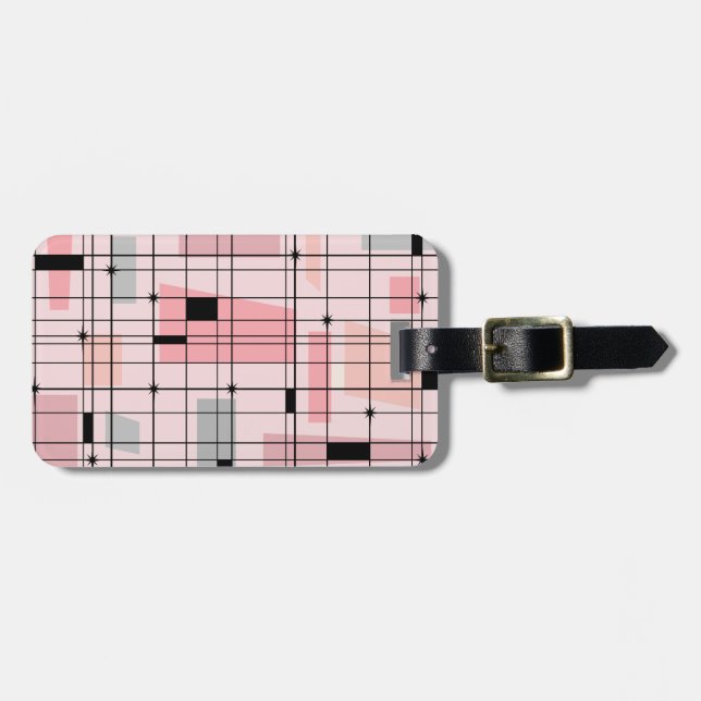 Retro Pink Grid and Starbursts Luggage Tag (Front Horizontal)