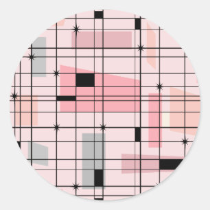 Retro Pink Grid and Starbursts Round Stickers