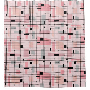 Retro Pink Grid and Starbursts Shower Curtain