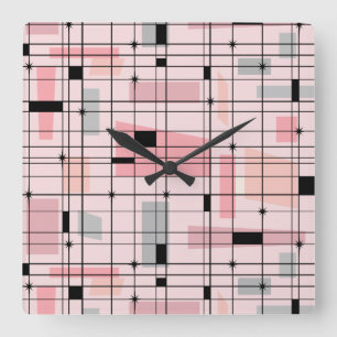 Retro Pink Grid and Starbursts Square Wall Clock