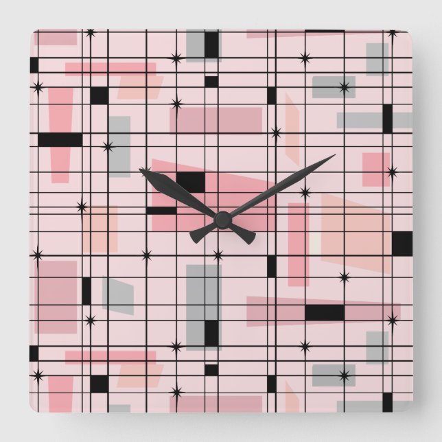 Retro Pink Grid and Starbursts Square Wall Clock (Front)