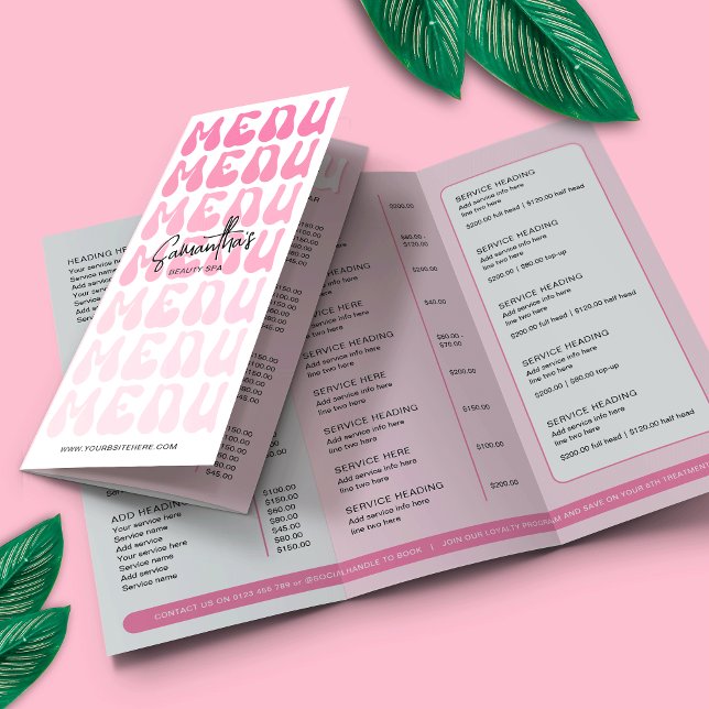 Retro Pink Groovy Beauty Salon Tri-Fold Price List (Retro pink business tri-fold price list with groovy fonts and feminine pink color scheme)