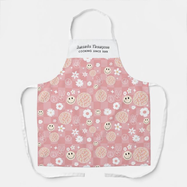 Retro Pink Groovy Chequered Hippie Custom Name Apron (Front)