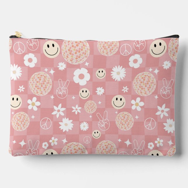 Retro Pink Groovy Chequered Hippie Pattern Accessory Pouch (Front)