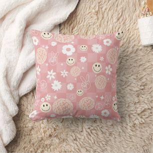 Retro Pink Groovy Chequered Hippie Pattern Cushion