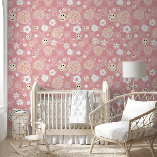 Retro Pink Groovy Chequered Hippie Pattern Girl Wallpaper