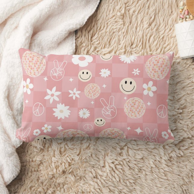 Retro Pink Groovy Chequered Hippie Pattern Lumbar Cushion (Blanket)