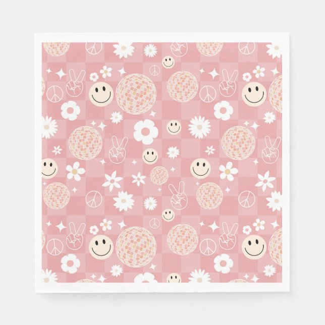 Retro Pink Groovy Chequered Hippie Pattern Napkin (Front)