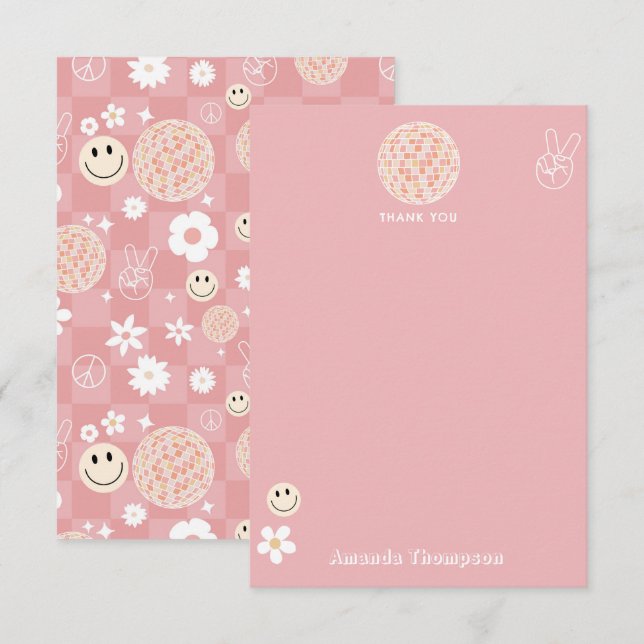 Retro Pink Groovy Chequered Hippie Pattern Thank You Card (Front/Back)