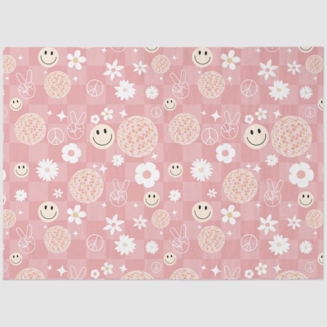 Retro Pink Groovy Chequered Hippie Pattern Tissue Paper (Front)