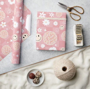 Retro Pink Groovy Chequered Hippie Pattern Wrapping Paper