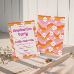 Retro Pink Groovy Daisy Floral Graduation Party Invitation