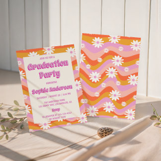 Retro Pink Groovy Daisy Floral Graduation Party  Invitation