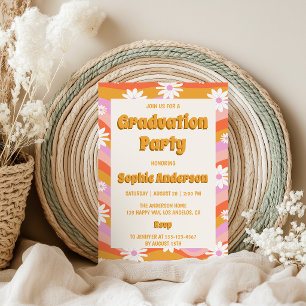 Retro Pink Groovy Daisy Floral Graduation Party  Invitation