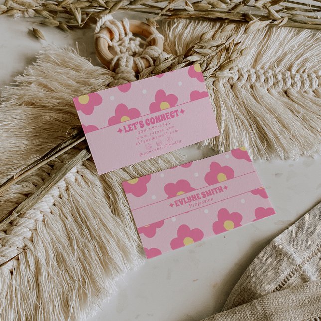Retro Pink Groovy Floral Boho Girly Unique 70s Business Card (Creator Uploaded)