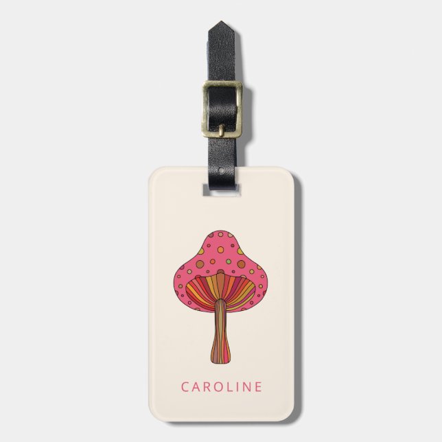 Retro Pink Groovy Mushroom Personalised Name Luggage Tag (Front Vertical)