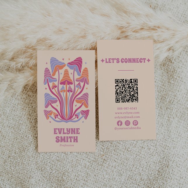 Retro Pink Groovy Mushrooms Girly Boho QR Code Business Card (Creator Uploaded)