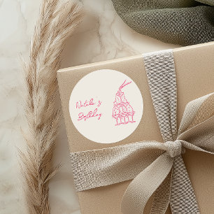 Retro Pink Hand Drawn Champagne Tower Birthday Classic Round Sticker