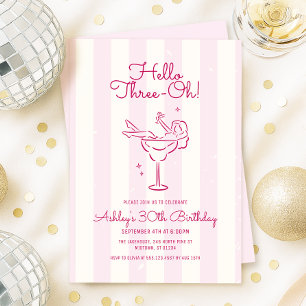 Retro Pink Hand Drawn Cocktail Glass 30th Birthday Invitation