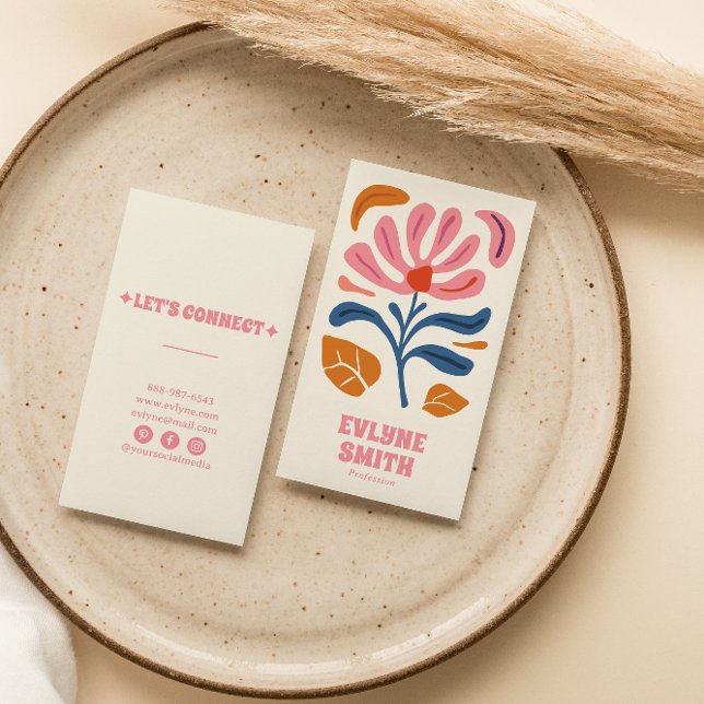 Retro Pink Hand-Drawn Groovy Floral Boho Girly Business Card (Creator Uploaded)