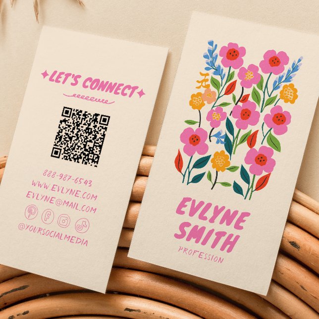 Retro Pink Hand Drawn Written QR Code Floral Girly Business Card (Creator Uploaded)