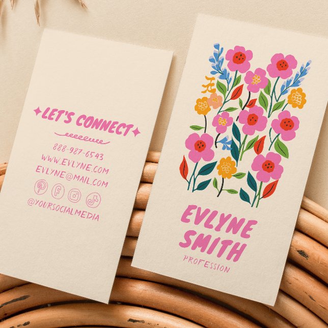 Retro Pink Handwritten Drawn Floral Girly Colourfu Business Card (Creator Uploaded)