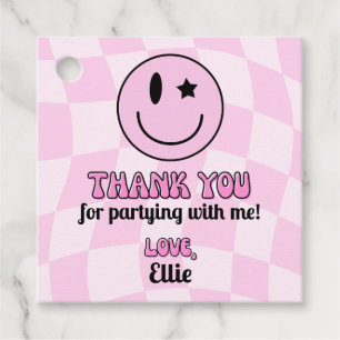 Retro Pink Happy Face Birthday Party Favour Tags