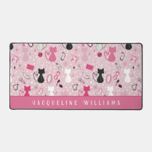 Retro Pink Heart Cats Desk Mat