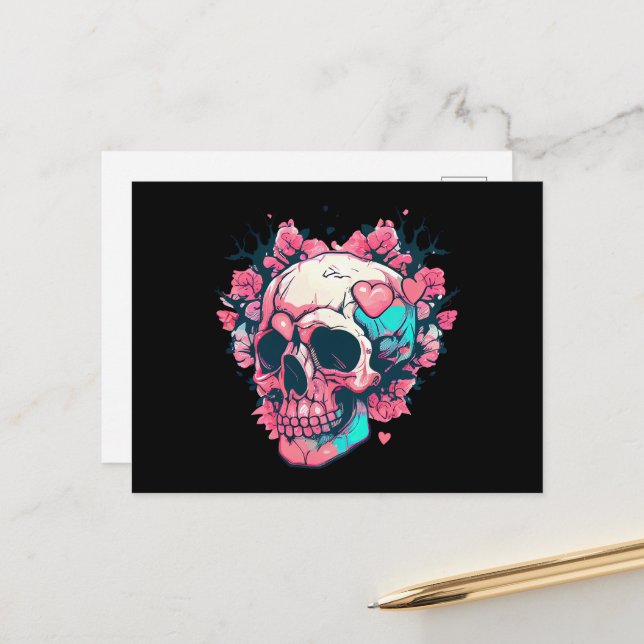 Retro Pink Hearts Skull Postcard (Front/Back In Situ)