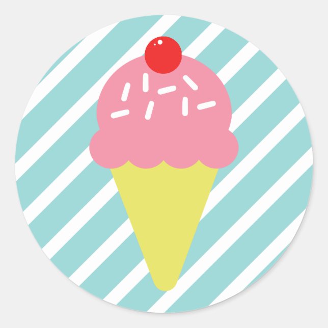 Retro Pink Ice Cream Cone with Blue Stripes Classic Round Sticker (Front)