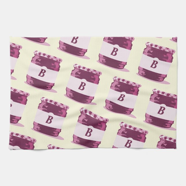 Retro Pink Jelly Jar Canning Pattern with Monogram Tea Towel (Horizontal)