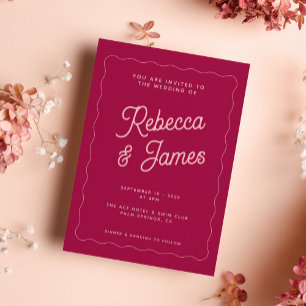 Retro Pink Magenta Fuchsia Wave Frame Wedding Invitation