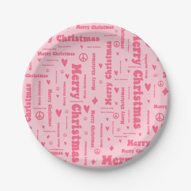 Retro Pink Merry Christmas Peace and Love Pattern Paper Plate (Front)