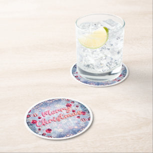 Retro Pink Merry Christmas Round Paper Coaster