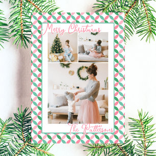 Retro Pink & Mint Green Pattern 3 Photo Christmas Holiday Card
