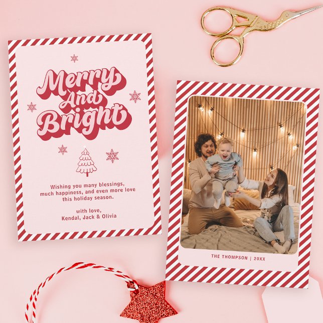 Retro Pink Modern Merry and Bright Christmas Holiday Card (Creator Uploaded)