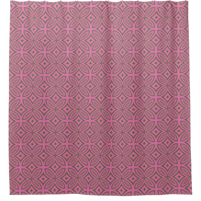 Retro pink olive green abstract geometric pattern shower curtain (Front)