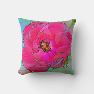 Retro Pink Open Rose Throw Pillow-Hot Pink Back Cushion