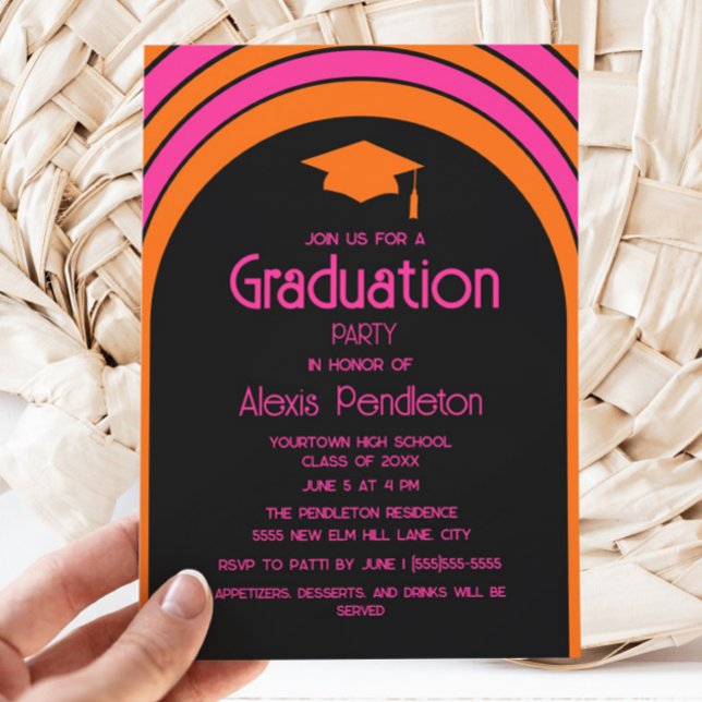 Retro Pink Orange Arch High School Graduation Cap Invitation (Pink and orange arch graduation party invitation)