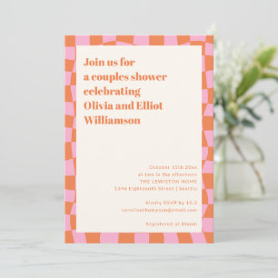 Retro Pink Orange Chequerboard Cute Couples Shower Invitation