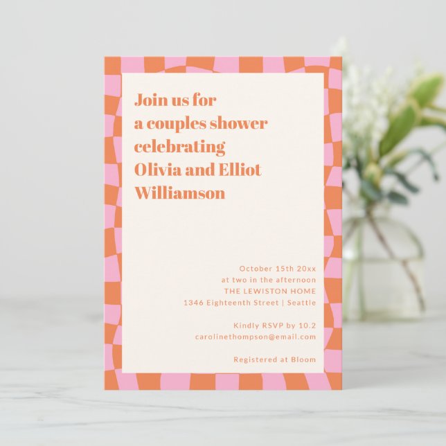 Retro Pink Orange Chequerboard Cute Couples Shower Invitation (Standing Front)